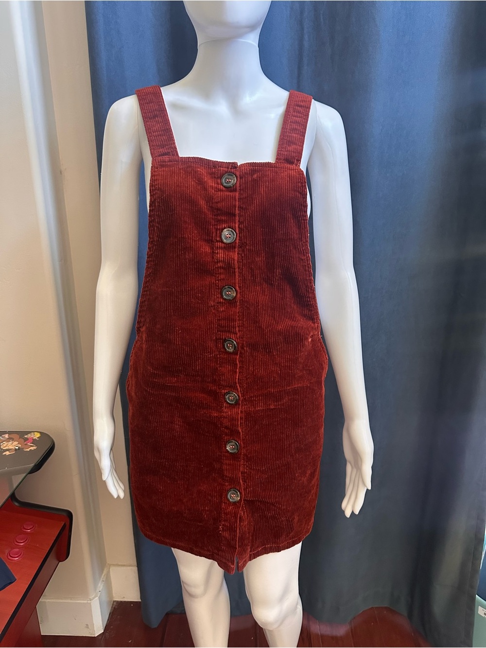 Love Tree Rust Corduroy Button-Down Jumper Mini Dress Medium EUC